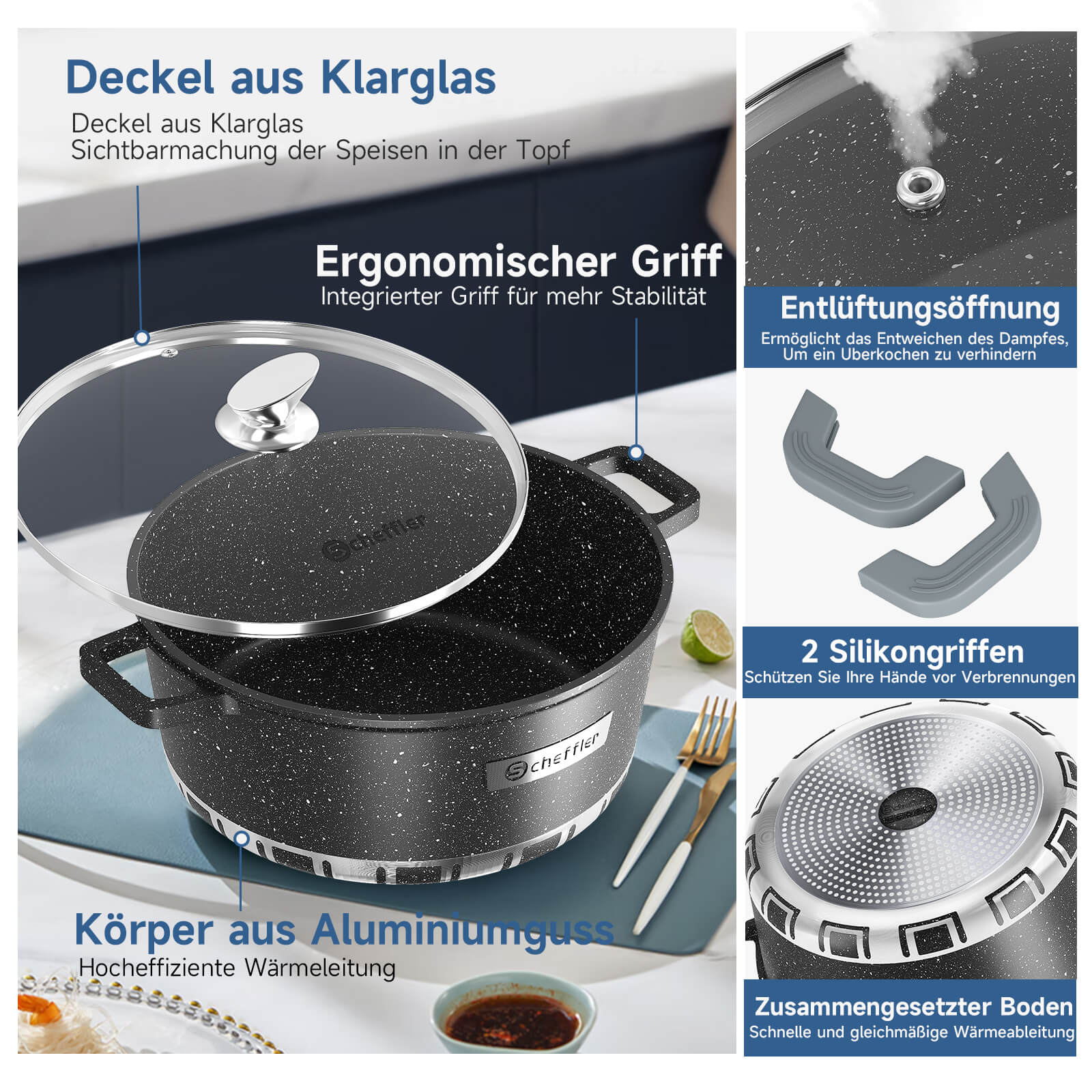 Scheffler Topfset Kochtopf Set mit Glasdeckel Antihaftbeschichtung Induktion für alle Herdarten geeignet - Image 5