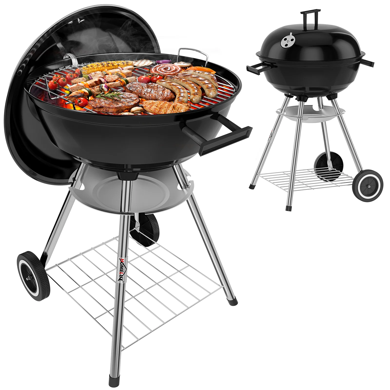 Tragbarer Holzkohle Kugelgrill 47cm, emaillierter BBQ Grill mit Rädern, Doppel-Belüftung, Ascheschale & Ablage für Outdoor Camping
