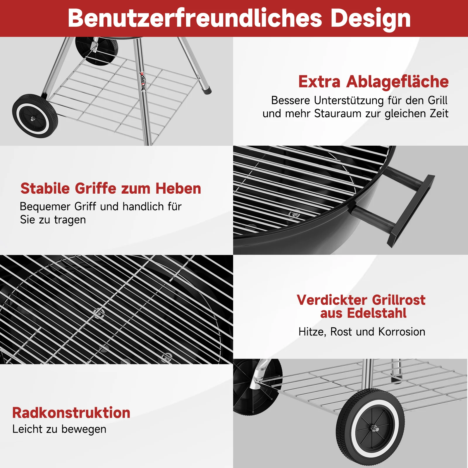 Tragbarer Holzkohle Kugelgrill 47cm, emaillierter BBQ Grill mit Rädern, Doppel-Belüftung, Ascheschale & Ablage für Outdoor Camping - Image 2