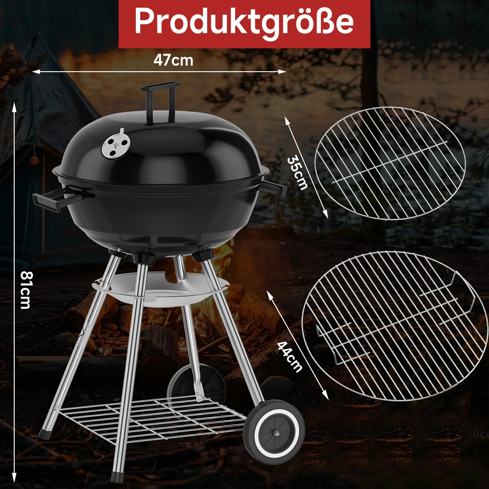 Tragbarer Holzkohle Kugelgrill 47cm, emaillierter BBQ Grill mit Rädern, Doppel-Belüftung, Ascheschale & Ablage für Outdoor Camping - Image 3