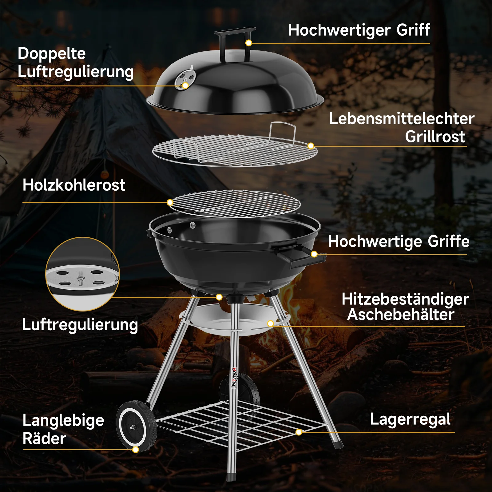 Tragbarer Holzkohle Kugelgrill 47cm, emaillierter BBQ Grill mit Rädern, Doppel-Belüftung, Ascheschale & Ablage für Outdoor Camping - Image 4