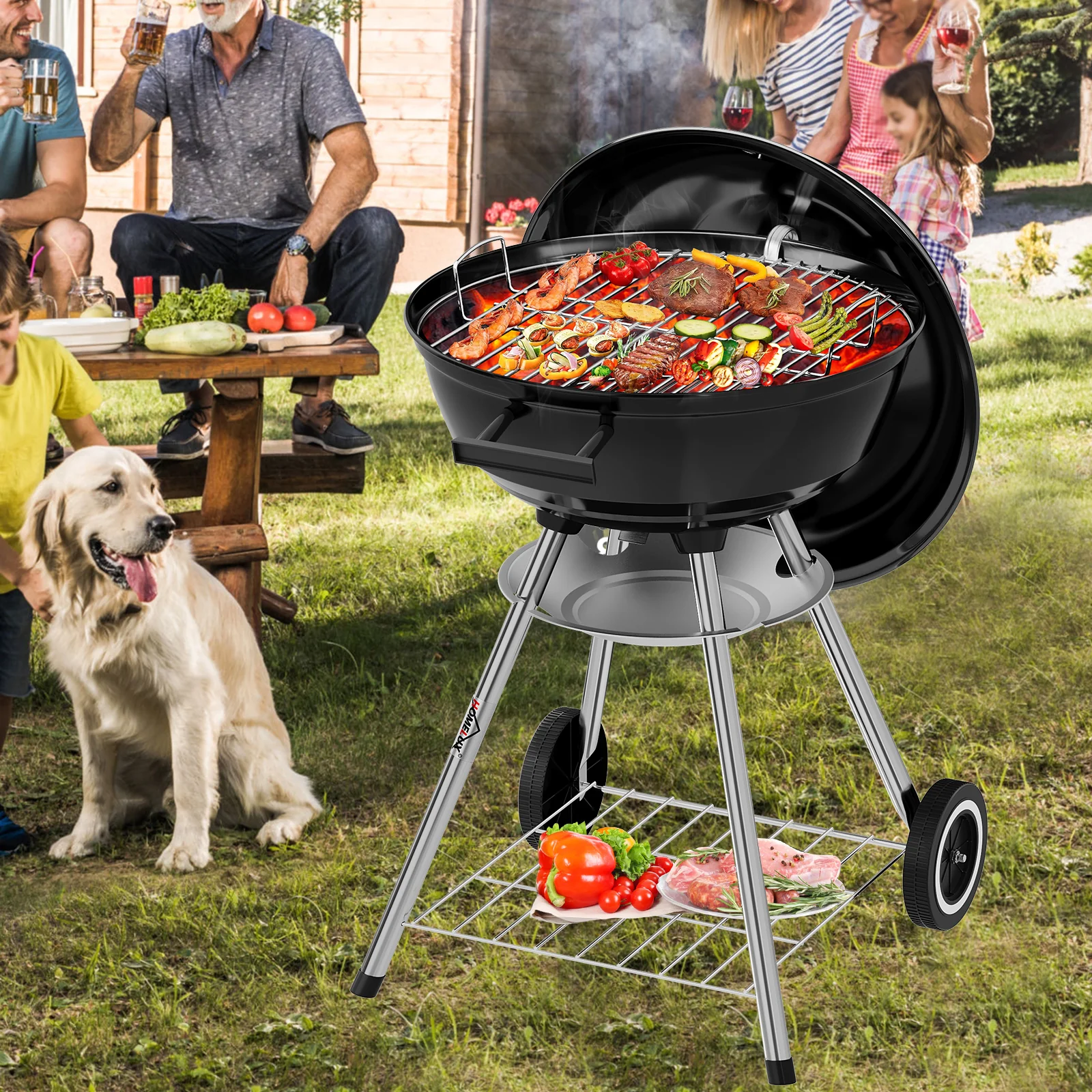 Tragbarer Holzkohle Kugelgrill 47cm, emaillierter BBQ Grill mit Rädern, Doppel-Belüftung, Ascheschale & Ablage für Outdoor Camping - Image 5