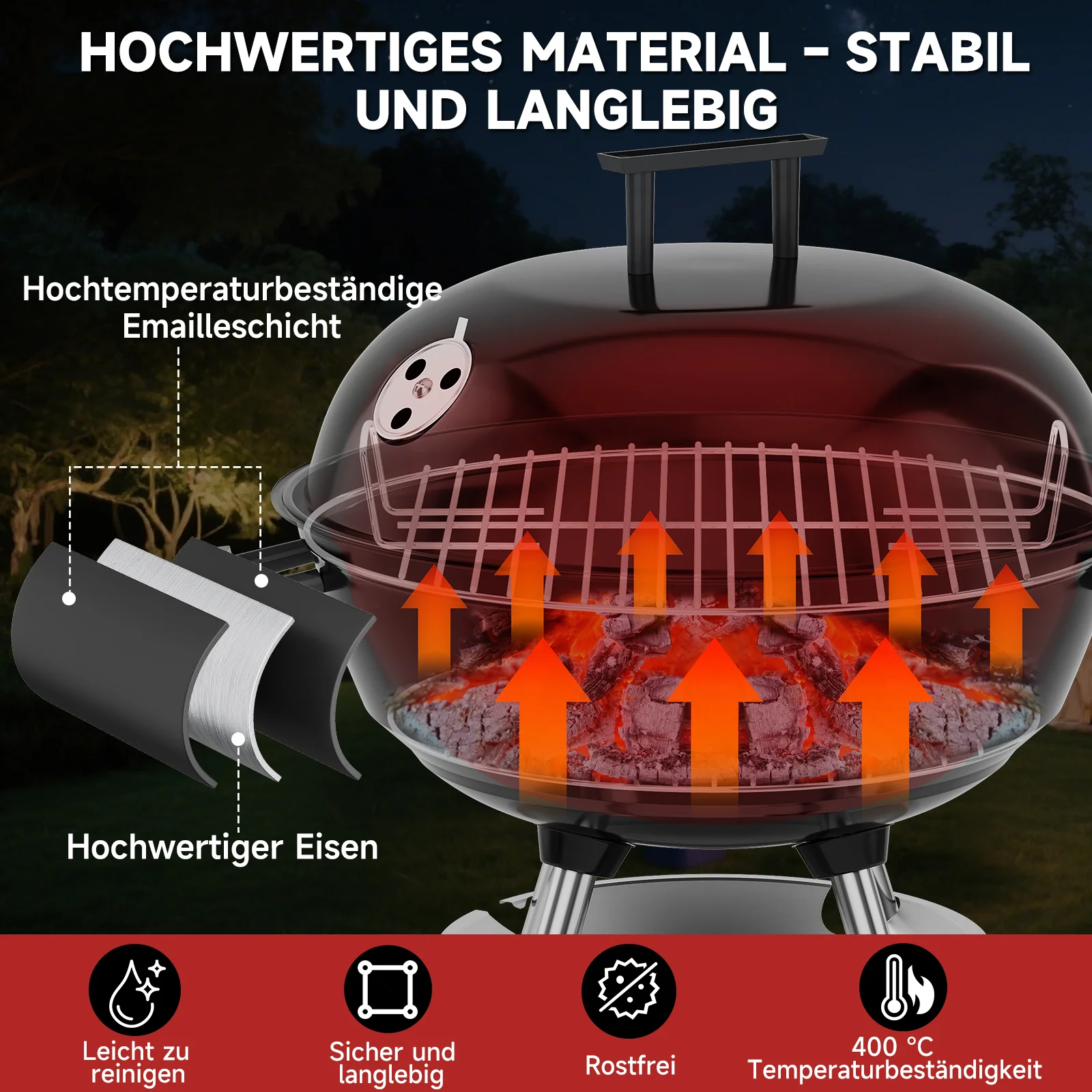 Tragbarer Holzkohle Kugelgrill 47cm, emaillierter BBQ Grill mit Rädern, Doppel-Belüftung, Ascheschale & Ablage für Outdoor Camping - Image 6