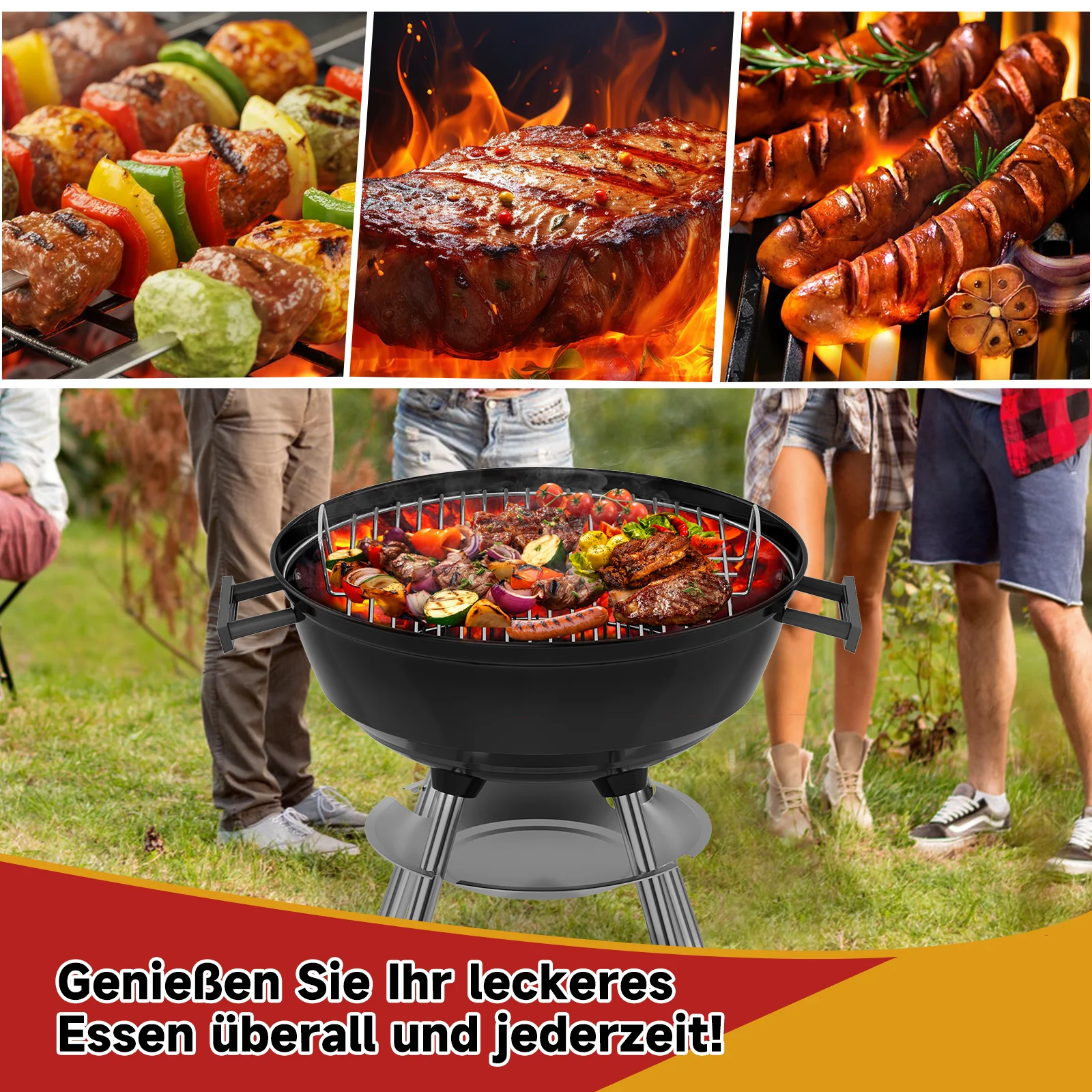 Tragbarer Holzkohle Kugelgrill 47cm, emaillierter BBQ Grill mit Rädern, Doppel-Belüftung, Ascheschale & Ablage für Outdoor Camping - Image 7