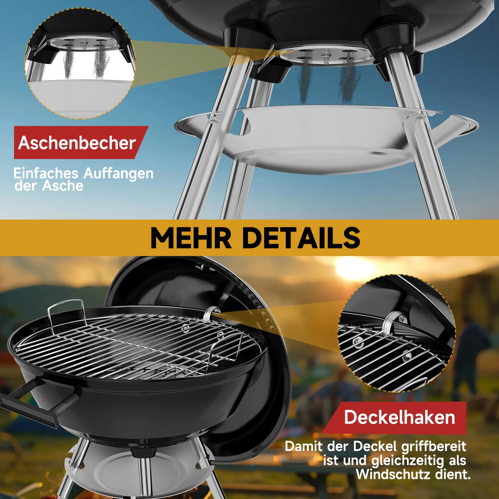 Tragbarer Holzkohle Kugelgrill 47cm, emaillierter BBQ Grill mit Rädern, Doppel-Belüftung, Ascheschale & Ablage für Outdoor Camping - Image 8