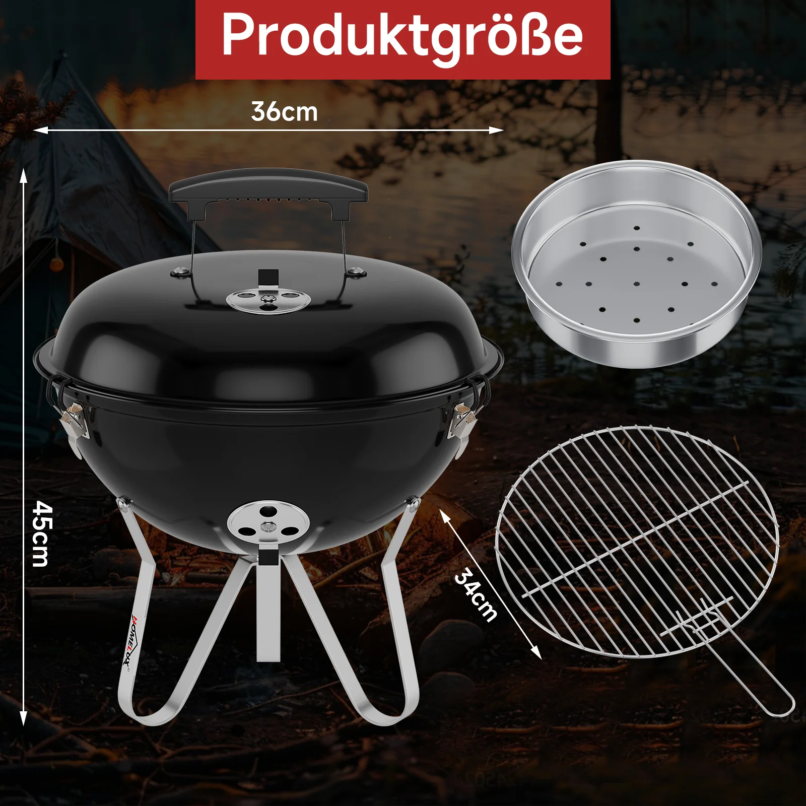 Tragbarer Holzkohle Kugelgrill Ø36cm, emaillierter Campinggrill Tischgrill für Balkon, Picknick & Outdoor - Image 3