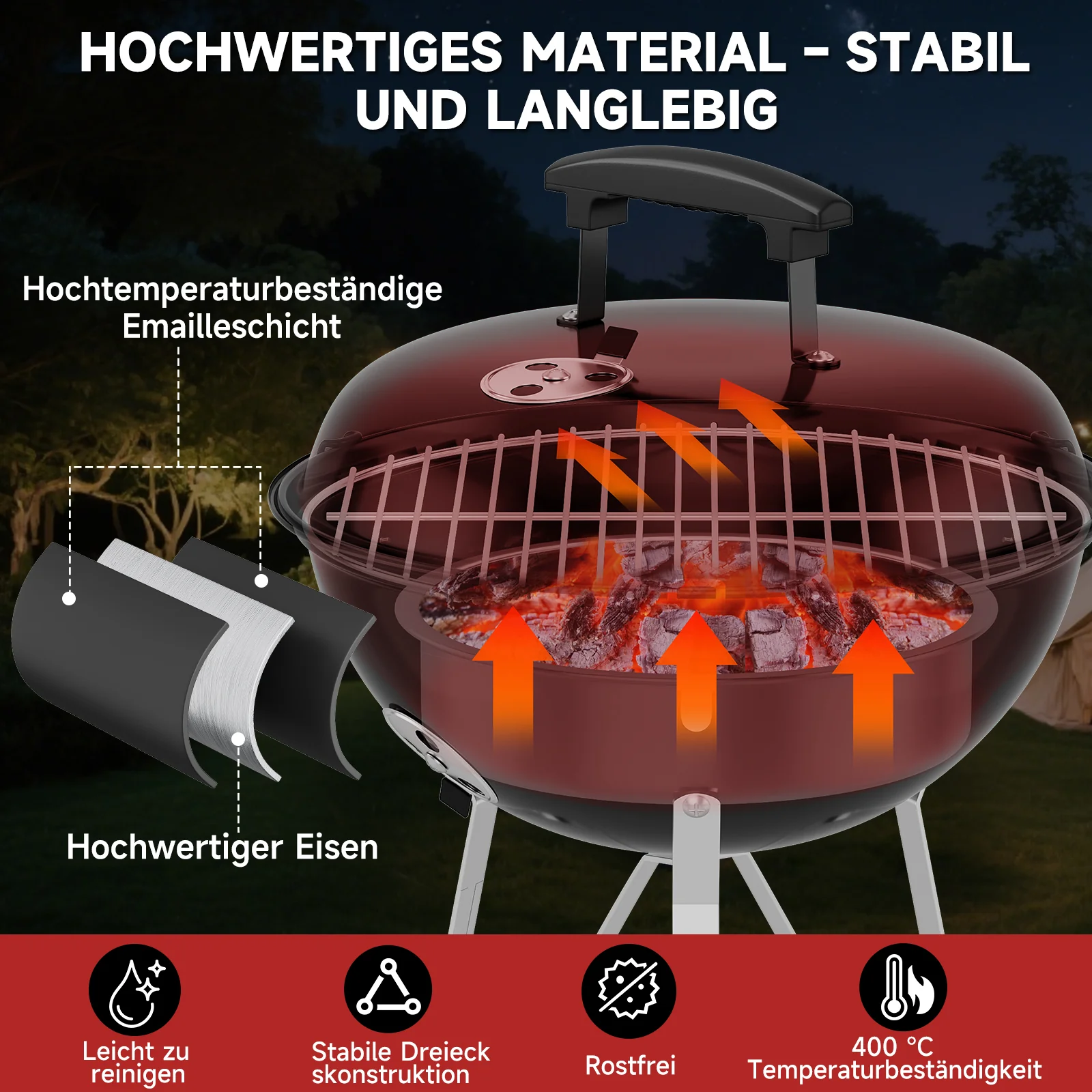 Tragbarer Holzkohle Kugelgrill Ø36cm, emaillierter Campinggrill Tischgrill für Balkon, Picknick & Outdoor - Image 6
