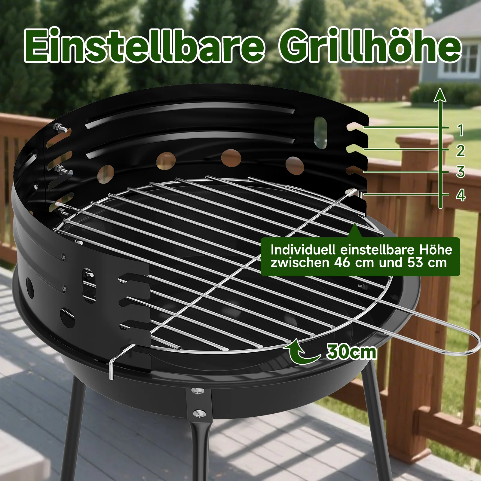 Tragbarer Holzkohlegrill mit Windschutz, höhenverstellbarer Dreibein Campinggrill für Garten, Balkon & Outdoor - Image 3