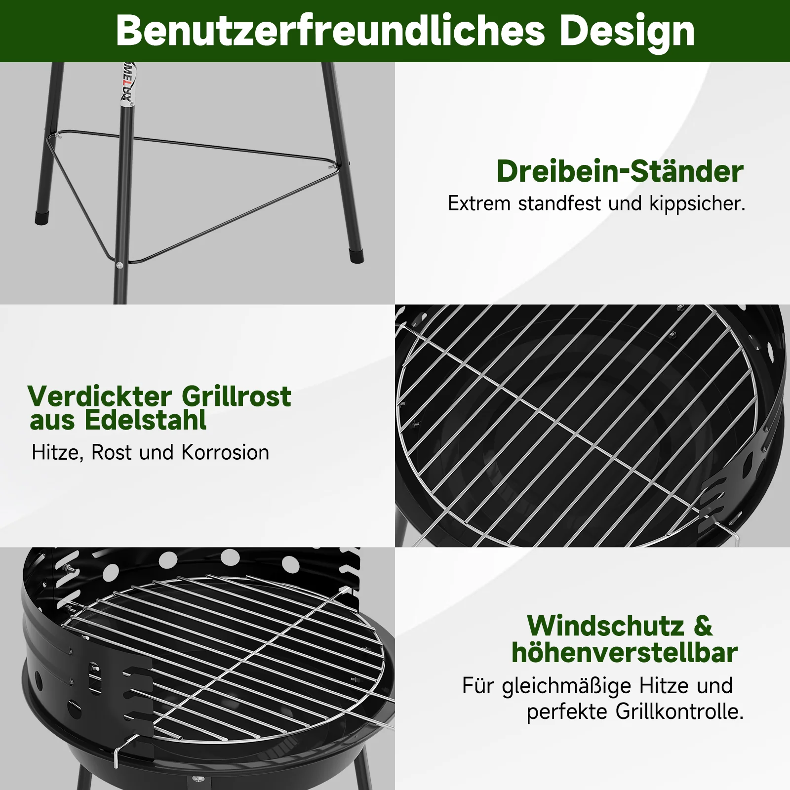Tragbarer Holzkohlegrill mit Windschutz, höhenverstellbarer Dreibein Campinggrill für Garten, Balkon & Outdoor - Image 5