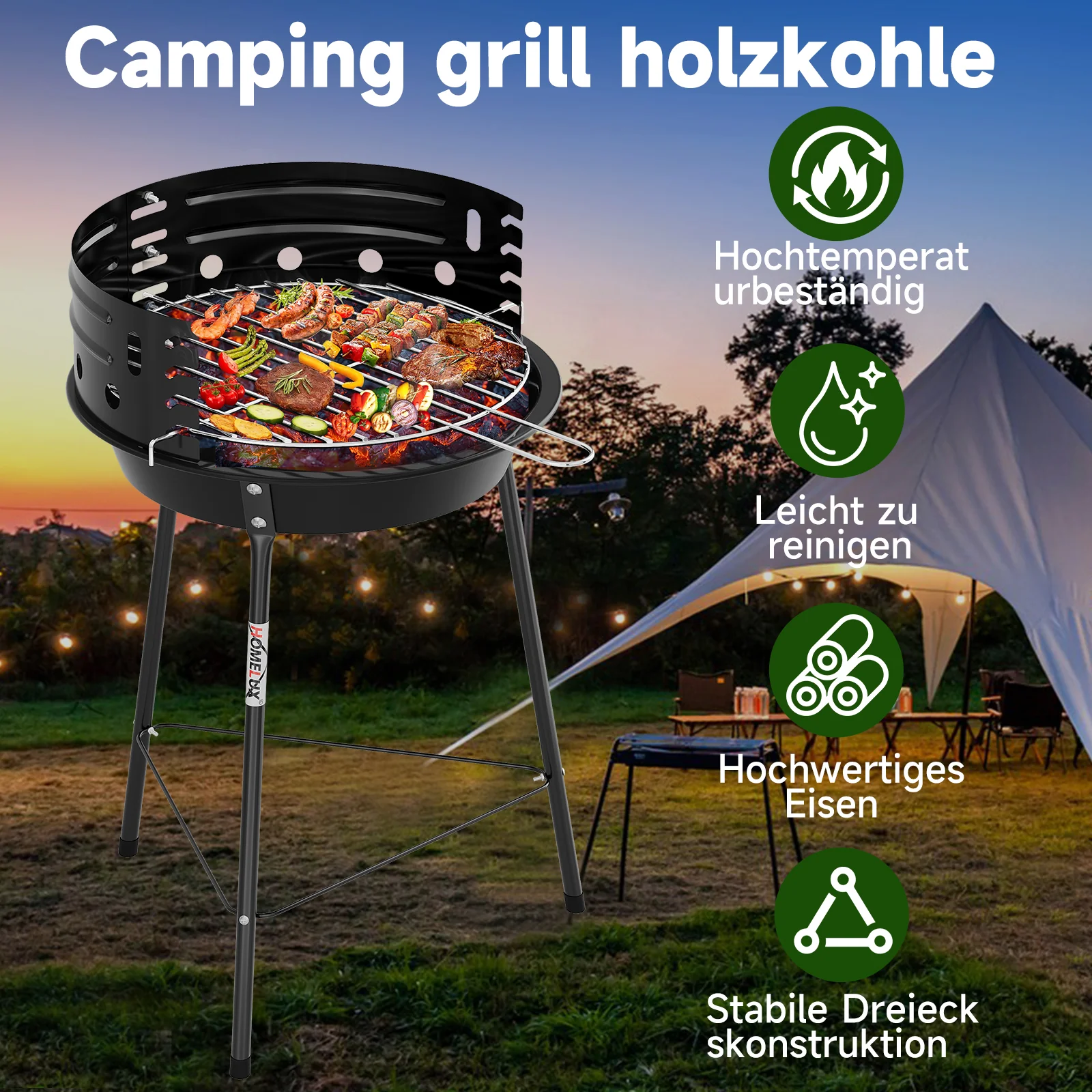 Tragbarer Holzkohlegrill mit Windschutz, höhenverstellbarer Dreibein Campinggrill für Garten, Balkon & Outdoor - Image 6