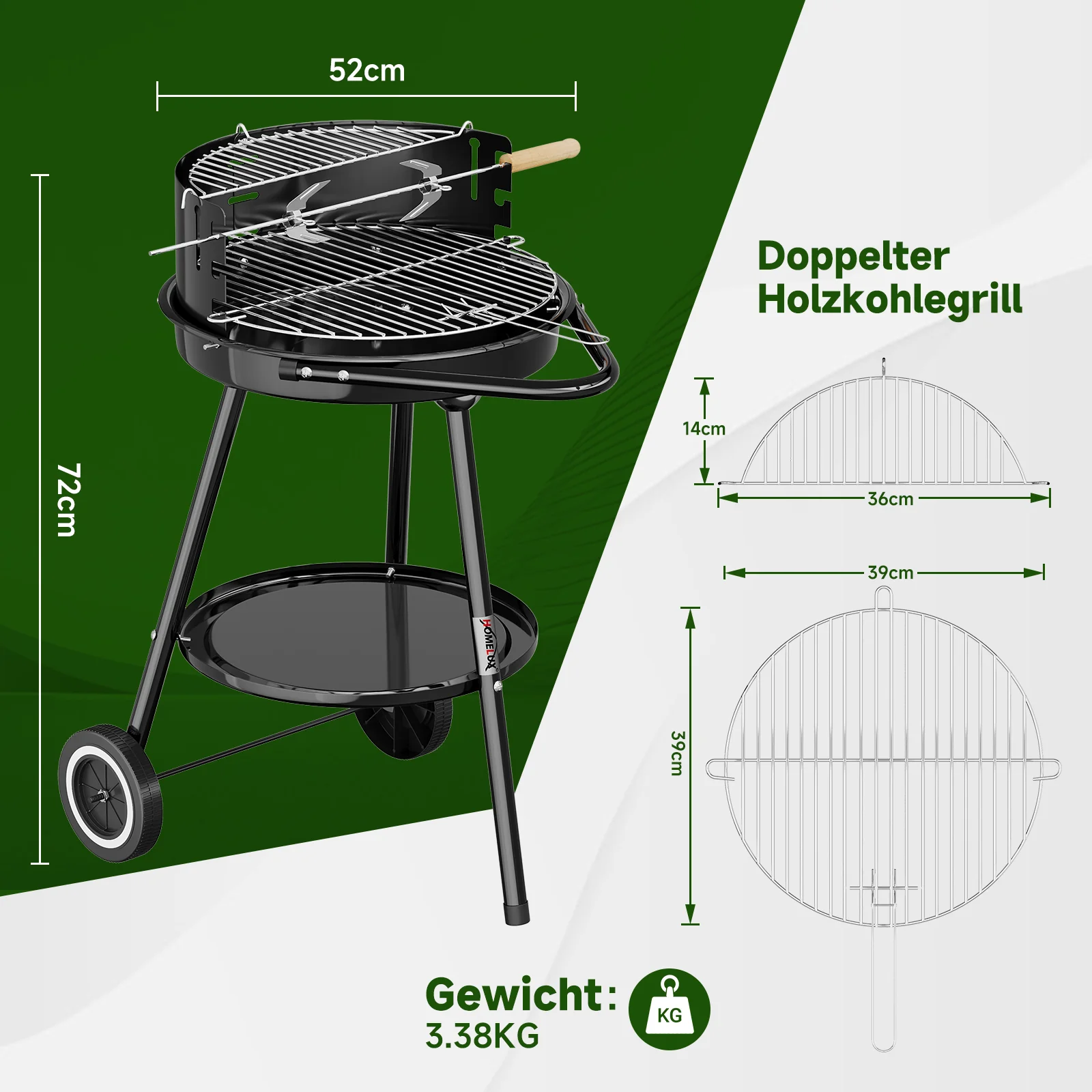 Tragbarer Holzkohlegrill Rundgrill mit Rädern und Windschutz, höhenverstellbarer Edelstahlrost für Garten und Camping - Image 3