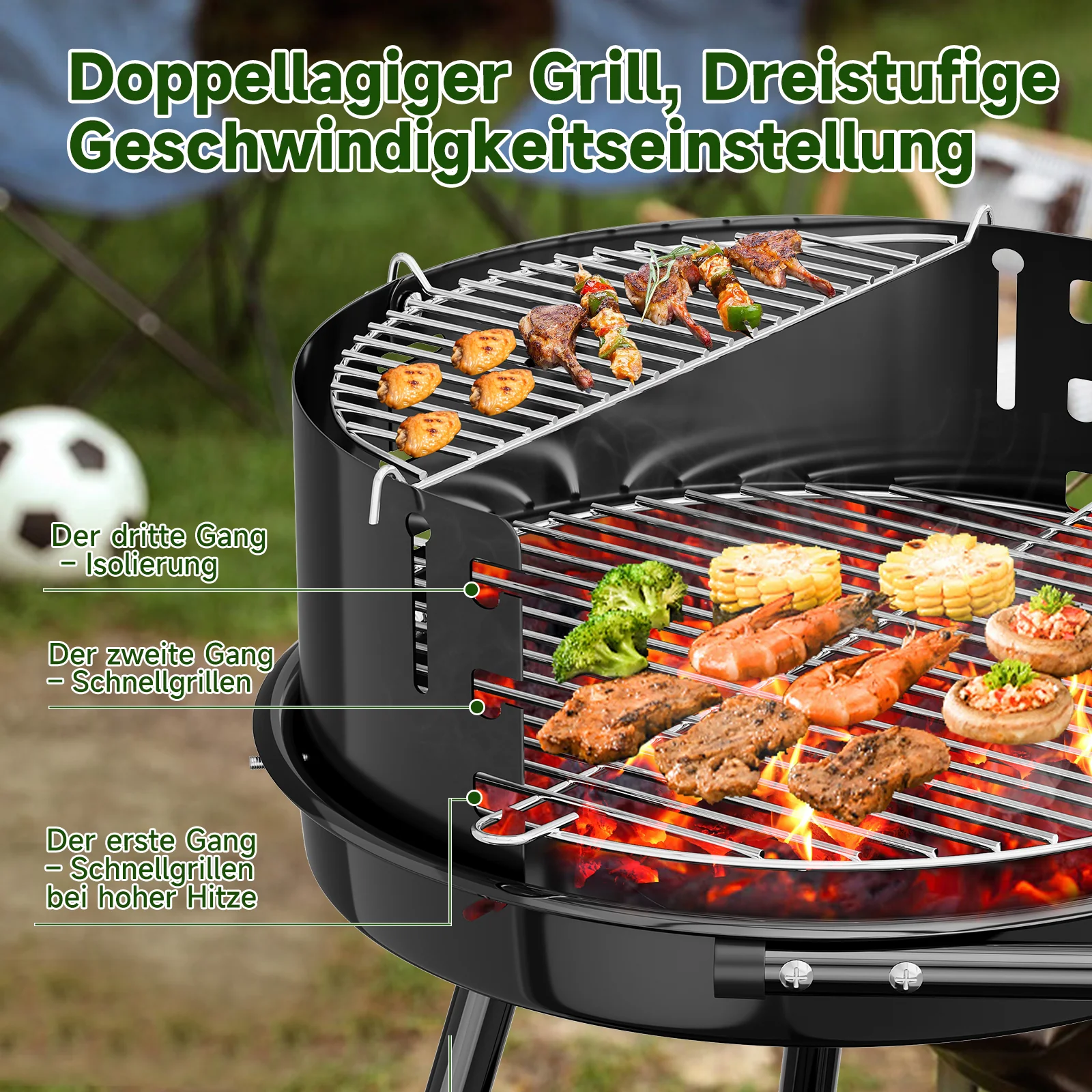 Tragbarer Holzkohlegrill Rundgrill mit Rädern und Windschutz, höhenverstellbarer Edelstahlrost für Garten und Camping - Image 5