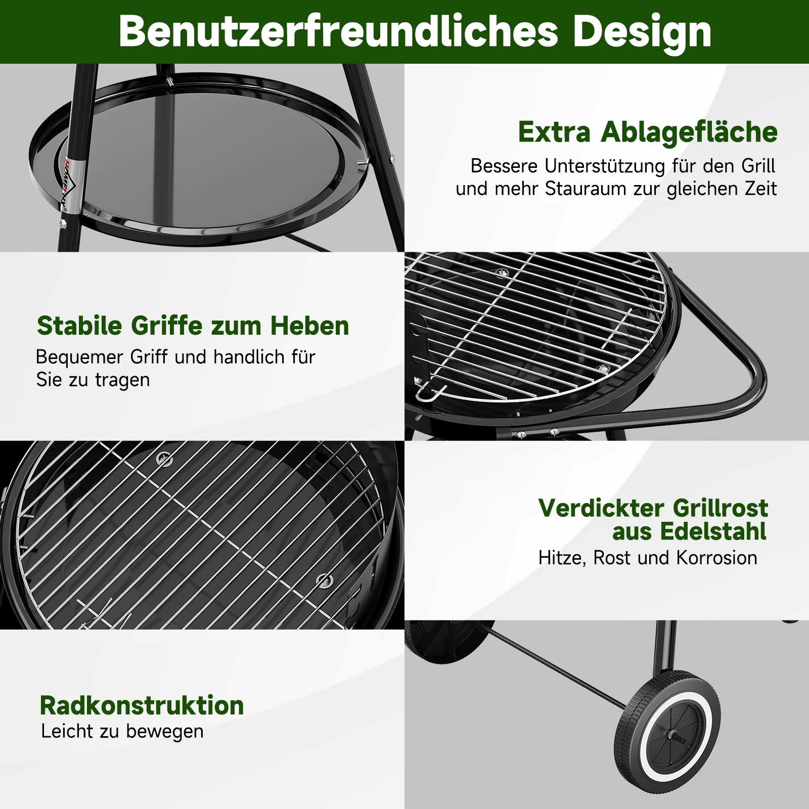 Tragbarer Holzkohlegrill Rundgrill mit Rädern und Windschutz, höhenverstellbarer Edelstahlrost für Garten und Camping - Image 6