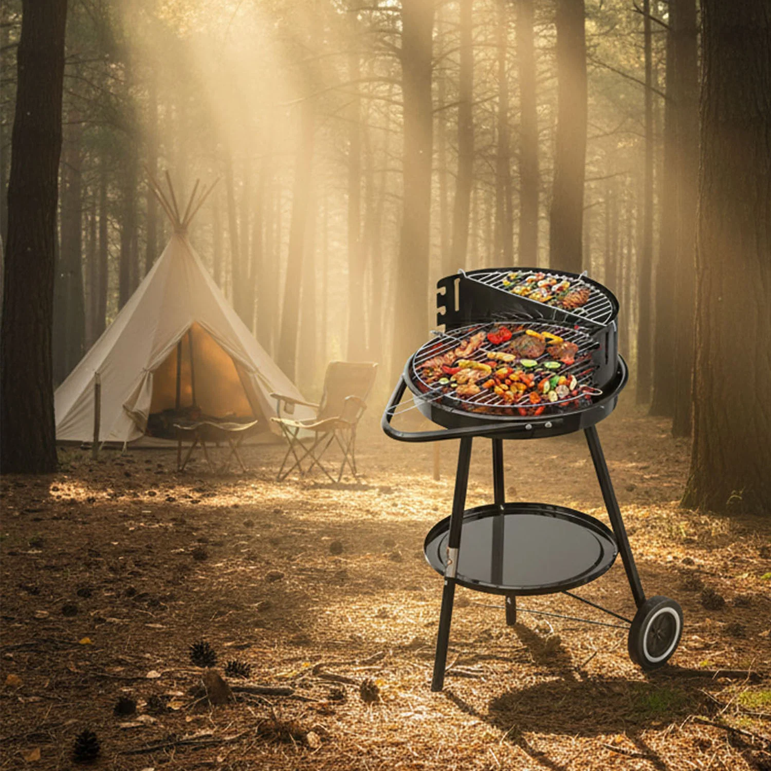 Tragbarer Holzkohlegrill Rundgrill mit Rädern und Windschutz, höhenverstellbarer Edelstahlrost für Garten und Camping - Image 8