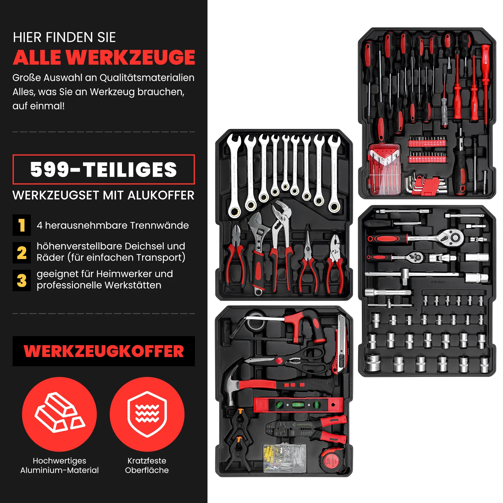 Werkzeugkoffer 599-tlg, Aluminiumkoffer, vielseitiges Werkzeugset für Werkstatt & Haushalt - Image 2